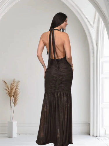 Golden Aura Ruched Mesh Halter Maxi Dress - Chocolate close up detail of halter design and fabric