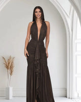 Golden Aura Ruched Mesh Halter Maxi Dress - Chocolate front view showing full-length maxi silhouette