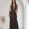 Golden Aura Ruched Mesh Halter Maxi Dress - Chocolate front view showing full-length maxi silhouette