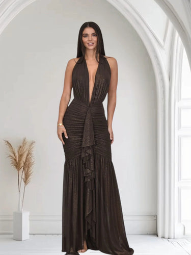 Palazzo Couture Online Women's Chocolate Ruched Mesh Halter Maxi Dress, Size L