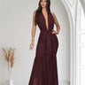 Golden Aura Ruched Mesh Halter Maxi Dress - Merlot - Palazzo Couture Online