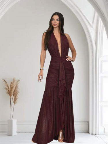 Golden Aura Ruched Mesh Halter Maxi Dress - Merlot - Palazzo Couture Online