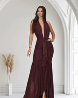 Golden Aura Ruched Mesh Halter Maxi Dress - Merlot front view showing full-length maxi silhouette