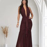 Golden Aura Ruched Mesh Halter Maxi Dress - Merlot front view showing full-length maxi silhouette