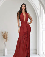 Golden Aura Ruched Mesh Halter Maxi Dress - Red - Palazzo Couture Online