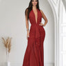 Golden Aura Ruched Mesh Halter Maxi Dress - Red - Palazzo Couture Online