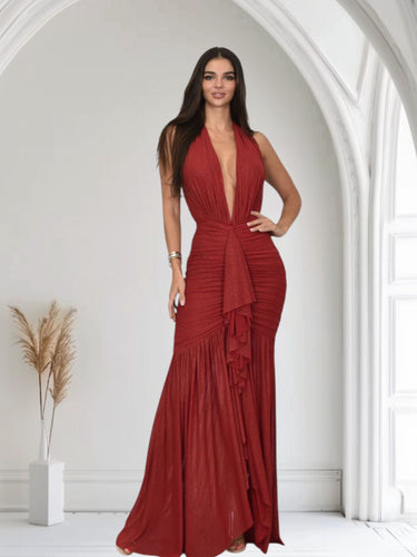 Golden Aura Ruched Mesh Halter Maxi Dress - Red - Palazzo Couture Online