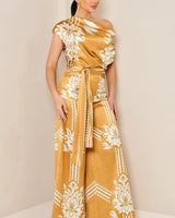 Golden Bloom Draped Jumpsuit Golden Mustard - elegant jumpsuit for parties and events