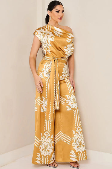 Golden Bloom Draped Jumpsuit Golden Mustard - elegant jumpsuit for parties and events
