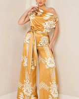 Golden Bloom Draped Jumpsuit Golden Mustard - Palazzo Couture Online