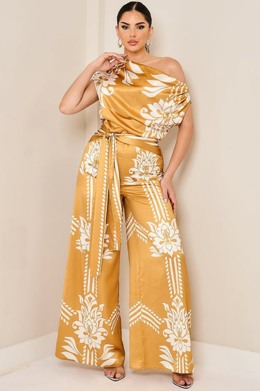 Golden Bloom Draped Jumpsuit Golden Mustard - Palazzo Couture Online