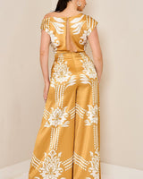 Golden Bloom Draped Jumpsuit Golden Mustard - Palazzo Couture Online