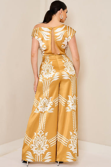Golden Bloom Draped Jumpsuit Golden Mustard - Palazzo Couture Online
