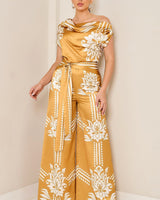 Golden Bloom Draped Jumpsuit Golden Mustard - Palazzo Couture Online
