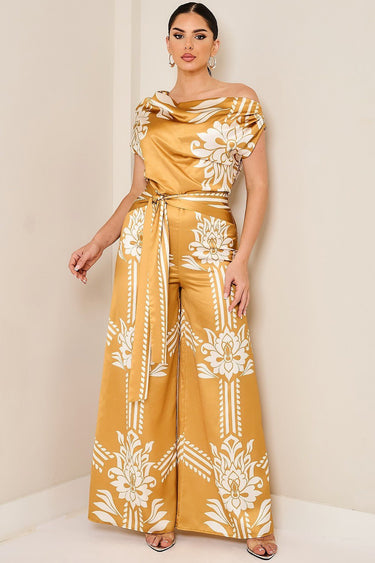 Golden Bloom Draped Jumpsuit Golden Mustard - Palazzo Couture Online