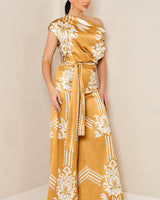 Golden Bloom Draped Jumpsuit Golden Mustard - Palazzo Couture Online