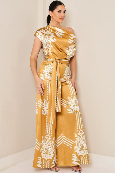 Golden Bloom Draped Jumpsuit Golden Mustard - Palazzo Couture Online