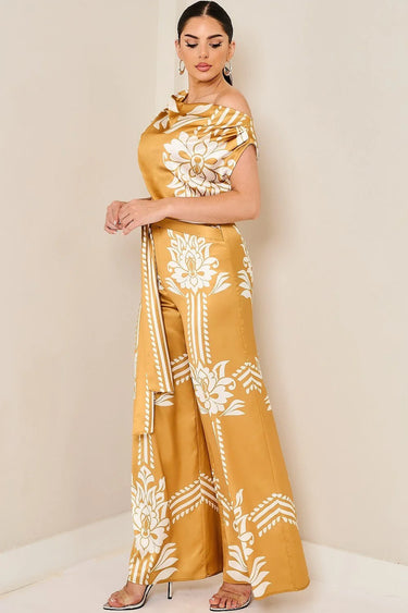 Golden Bloom Draped Jumpsuit Golden Mustard - trendy women's jumpsuit