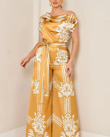 Golden Bloom Draped Jumpsuit Golden Mustard for women - stylish jumpsuit by Palazzo Couture