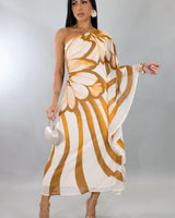 Golden Bloom One - Shoulder Chiffon Midi Dress (Camel) - Palazzo Couture Online