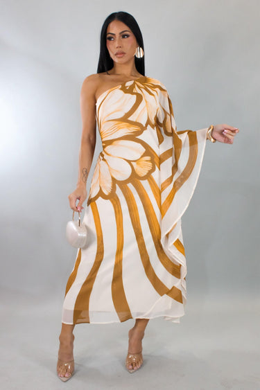 Golden Bloom One - Shoulder Chiffon Midi Dress (Camel) - Palazzo Couture Online