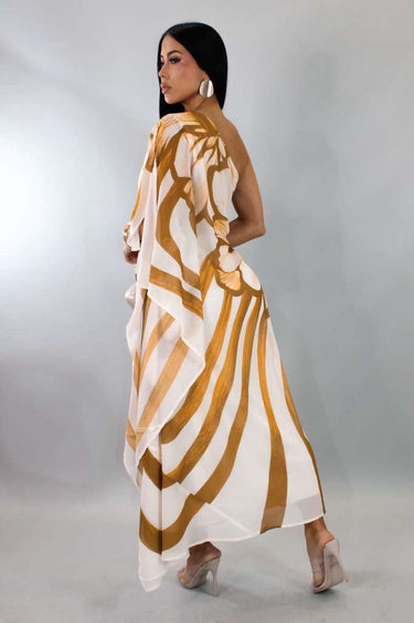 Golden Bloom One - Shoulder Chiffon Midi Dress (Camel) - Palazzo Couture Online