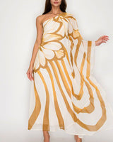 Golden Bloom One - Shoulder Chiffon Midi Dress (Camel) - Palazzo Couture Online