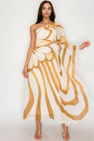 Women's Camel midi dress one-shoulder style back view