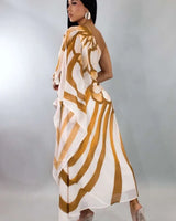 Golden Bloom One-Shoulder Chiffon Midi Dress (Camel) close up detail of one-shoulder design