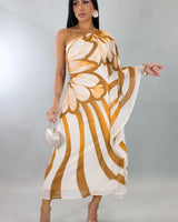 Golden Bloom One-Shoulder Chiffon Midi Dress (Camel) front view showing full midi length silhouette