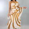 Golden Bloom One-Shoulder Chiffon Midi Dress (Camel) front view showing full midi length silhouette