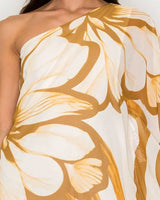 Golden Bloom One-Shoulder Chiffon Midi Dress (Camel) side view highlighting midi hemline