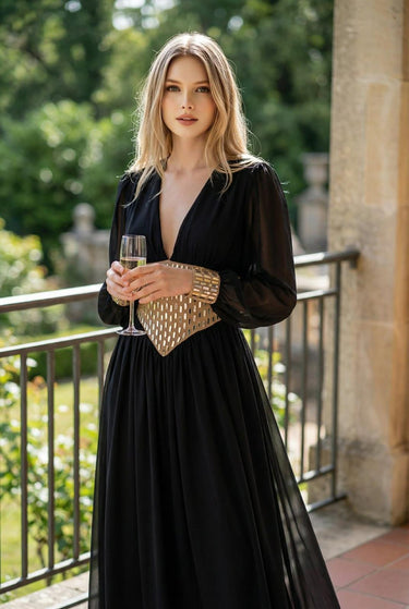 Golden Empress Belted Maxi Dress - Black - Palazzo Couture Online