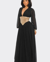 Golden Empress Belted Maxi Dress - Black - Palazzo Couture Online