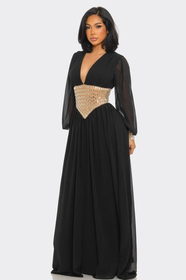Golden Empress Belted Maxi Dress - Black - Palazzo Couture Online