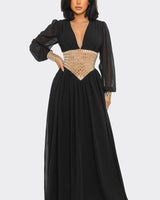 Golden Empress Belted Maxi Dress - Black - Palazzo Couture Online