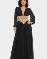 Golden Empress Belted Maxi Dress - Black - Palazzo Couture Online