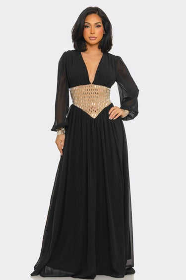Golden Empress Belted Maxi Dress - Black - Palazzo Couture Online