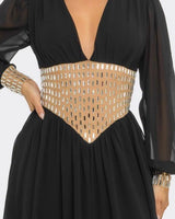 Golden Empress Belted Maxi Dress - Black alternate angle showcasing dress movement and drape