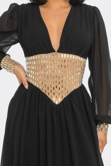 Golden Empress Belted Maxi Dress - Black alternate angle showcasing dress movement and drape