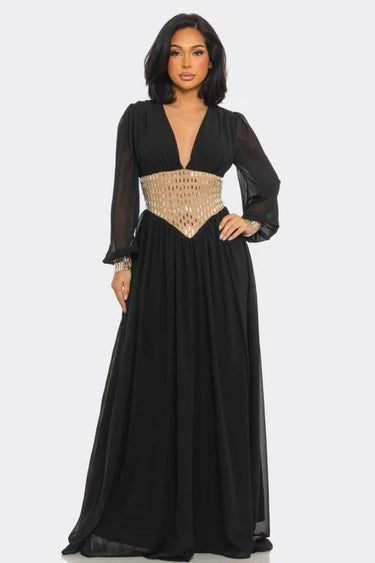 Golden Empress Belted Maxi Dress - Black showing sophisticated construction details