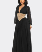 Golden Empress Belted Maxi Dress - Black close up detail of elegant design and fabric