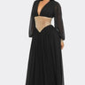 Golden Empress Belted Maxi Dress - Black close up detail of elegant design and fabric
