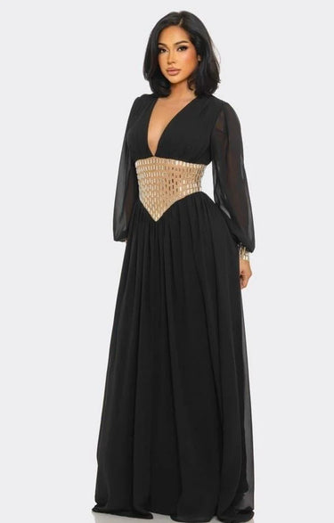Golden Empress Belted Maxi Dress - Black close up detail of elegant design and fabric