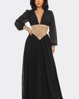 Golden Empress Belted Maxi Dress - Black front view showing full-length maxi silhouette