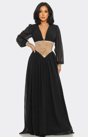 Golden Empress Belted Maxi Dress - Black front view showing full-length maxi silhouette