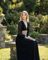 Golden Empress Belted Maxi Dress - Black side view highlighting floor-length hemline
