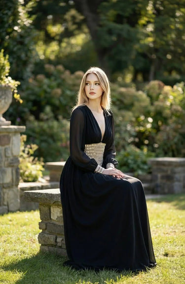 Golden Empress Belted Maxi Dress - Black side view highlighting floor-length hemline