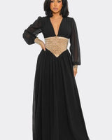 Elegant Black elegant maxi dress on model styled for evening event