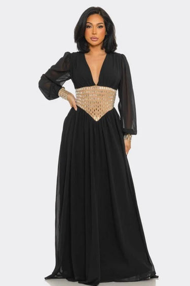 Elegant Black elegant maxi dress on model styled for evening event